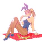  1girl animal_ears arm_support bare_shoulders bow bowtie brown_hair bunny_tail bunnysuit crossed_legs cup dango detached_collar earrings eating food fukusuke_hachi-gou high_heels highres jewelry legs long_hair original pantyhose ponytail rabbit_ears simple_background sitting solo tail violet_eyes wagashi white_background wrist_cuffs 
