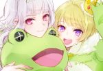  1boy 1girl :d animal_costume blonde_hair crown frog_costume idolmaster idolmaster_side-m mascot_head open_mouth pierre_(idolmaster) red_eyes shijou_takane smile violet_eyes white_hair yuyu_(yuyurhythm) 