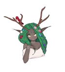  1girl 34no404 animal animal_on_head antlers bare_shoulders bird bird_on_head choker dark_skin dress flower forehead_jewel green_eyes green_hair green_sclera hair_flower hair_ornament highres horns off-shoulder_dress off_shoulder original pointy_ears solo troll upper_body 