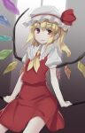  1girl ascot blonde_hair cowboy_shot dress flandre_scarlet glasses hat hat_ribbon highres looking_at_viewer mob_cap puffy_short_sleeves puffy_sleeves red-framed_glasses red_dress ribbon shirt short_sleeves side_ponytail solo thighs touhou usotsuki_penta wings 