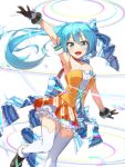  1girl :d aqua_eyes aqua_hair arm_up armlet armpits ass_visible_through_thighs bare_shoulders black_gloves black_shoes blue_bow blush bow breasts choker cleavage decorator eyebrows eyebrows_visible_through_hair frilled_skirt frills fur_trim gloves hair_bow hatsune_miku highres kuroneko_shiro layered_skirt leg_up long_hair looking_at_viewer open_mouth orange_skirt outstretched_arm pleated_skirt project_diva_(series) project_diva_f_2nd shoes simple_background skirt smile solo standing_on_one_leg tareme thigh-highs thigh_gap vocaloid white_background white_legwear zettai_ryouiki 