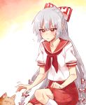  1girl adapted_costume cat commentary_request flying_sweatdrops fujiwara_no_mokou hair_ribbon lenny_face long_hair meme pleated_skirt red_eyes ribbon school_uniform serafuku six_(fnrptal1010) skirt solo squatting sweat touhou whiskers white_hair 