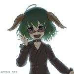  1girl ahoge bloom choujuu_gigaku collar colored_lenses dated dog_collar facing_viewer fang flower_button green_eyes green_hair kasodani_kyouko miata_(pixiv) open_mouth short_hair signature simple_background solo sunglasses symposium_of_post-mysticism touhou waving white_background 