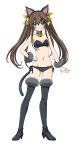  1girl animal_costume animal_ears black_boots black_bra black_panties boots bra breasts brown_hair cat_costume cat_ears cat_tail cleavage green_eyes hair_ribbon hand_on_hip highres huang_lingyin infinite_stratos long_hair looking_at_viewer navel panties ribbon side-tie_panties smile solo tail thigh-highs thigh_boots transparent_background twintails underwear yellow_ribbon 