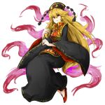  1girl big_hair blonde_hair breasts chinese_clothes energy fingernails fox_tail full_body glaring hand_up hat highres junko_(touhou) kan_(aaaaari35) long_hair long_sleeves looking_at_viewer multiple_tails parted_lips red_eyes red_shoes sharp_fingernails shiny shiny_hair shoes simple_background solo tabard tail touhou very_long_hair white_background wide_sleeves 