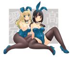  2girls adapted_costume animal_ears ascot atago_(kantai_collection) black_hair blonde_hair bunny_tail bunnysuit detached_collar gloves green_eyes kantai_collection long_hair multiple_girls pantyhose rabbit_ears red_eyes short_hair tail takao_(kantai_collection) thigh-highs uona_telepin wrist_cuffs 