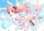  1girl animal_ears balloon blush bow clouds cloudy_sky confetti dress frilled_dress frills hair_bow long_hair looking_at_viewer looking_back midair object_hug original pink_hair rabbit_ears red_eyes shoes sky smile solo stuffed_animal stuffed_bunny stuffed_toy suzu_(kosakabe) thigh-highs white_legwear 