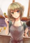  1girl apron blue_eyes brown_hair frying_pan green_eyes heterochromia highres idolmaster idolmaster_cinderella_girls kitchen mole mole_under_eye munya pan short_hair short_ponytail smile solo spatula takagaki_kaede 