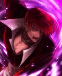  1boy absurdres choker cropped_jacket fire food_fighter_441 grin hair_over_one_eye highres jacket male_focus open_mouth pants purple_fire red_eyes redhead shirt short_hair smile snk solo the_king_of_fighters yagami_iori 