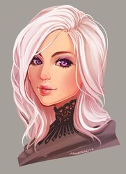  1girl artist_name blade_&amp;_soul eyelashes eyeshadow highres lips makeup momo-deary najia_feng portrait signature smile solo violet_eyes white_hair 