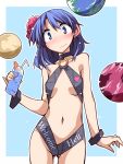  1girl adapted_costume blue_eyes blue_hair blush breasts clothes_writing cowboy_shot cup drinking_glass drinking_straw earrings earth hair_ornament hecatia_lapislazuli hemogurobin_a1c jewelry looking_at_viewer moon navel no_hat sling_bikini solo swimsuit touhou wavy_mouth 
