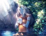  1girl 2016 armband blue_skin character_name closed_eyes facing_viewer fanziju hands_together horn league_of_legends long_hair outdoors pointy_ears solo soraka standing sunlight wading water white_hair wrist_wraps 