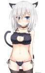  1girl animal_ears bare_shoulders bell bell_choker bell_collar black_bra black_legwear black_panties blue_eyes blush bra breasts cat_cutout cat_ear_panties cat_ears cat_lingerie cat_tail choker cleavage_cutout collar eyes_visible_through_hair frilled_bra frills gloves hair_ornament hair_over_one_eye hairclip hamakaze_(kantai_collection) highres kantai_collection large_breasts navel panties pantyhose pantyhose_pull pinoaisu short_hair side-tie_panties silver_hair simple_background solo stomach tail twitter_username underwear underwear_only white_background white_gloves 