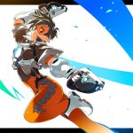  1girl bodysuit brown_hair dual_wielding goggles gun letterboxed looking_at_viewer overwatch short_hair solo spiky_hair tracer_(overwatch) tsuru_(clainman) weapon 