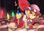  1girl ascot blonde_hair blood checkered checkered_floor colored crystal flandre_scarlet hat hat_ribbon long_hair lying mob_cap nakaichi_(ridil) on_floor open_mouth puffy_sleeves red_eyes ribbon sash shirt short_sleeves side_ponytail sketch skirt skirt_set solo touhou vest wings wrist_cuffs 