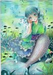  1girl air_bubble aqua_eyes aqua_hair artist_name blush dated drill_hair fish frills head_fins japanese_clothes kimono long_sleeves looking_at_viewer mermaid monster_girl mosho obi open_mouth red_ribbon ribbon sash scales shell solo touhou traditional_media underwater wakasagihime wide_sleeves 