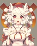  1girl animal_ears bangs bare_shoulders breasts cheong_ha detached_sleeves eyebrows hat inubashiri_momiji looking_at_viewer open_mouth pom_pom_(clothes) red_eyes short_hair simple_background solo teeth tokin_hat touhou upper_body white_hair wolf_ears 