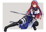  1girl blue_eyes bodysuit boots breasts cross elbow_gloves gloves habit jewelry large_breasts long_hair necklace nun original redhead solo squatting sword thigh-highs thigh_boots tori@gununu weapon 