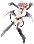  1girl absurdres ahoge alternate_costume armpits arms_up bangs bat_wings between_legs black_legwear black_ribbon black_shoes black_shorts black_wings closed_mouth collared_shirt crop_top demon_tail demon_wings detached_sleeves drill_hair full_body groin hair_between_eyes hair_ribbon headphones highres kasane_teto low_wings midriff navel outstretched_arms red_eyes redhead ribbon ribs shirt shoes shorts simple_background sleeves_past_wrists small_breasts solo stomach tail tail_between_legs toudou_charo twin_drills twintails utau white_background wings 