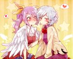  2girls blush commentary_request hair_ribbon heart kishin_sagume multiple_girls purple_hair red_eyes ribbon single_wing six_(fnrptal1010) spoken_heart star sweat thought_bubble touhou watatsuki_no_yorihime white_hair wing_hug wings yuri 