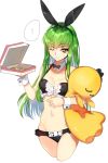  ... 1girl ;3 animal_ears breasts c.c. cheese-kun cleavage code_geass creayus detached_collar food green_hair long_hair looking_at_viewer navel one_eye_closed pizza pizza_box rabbit_ears simple_background smile solo spoken_ellipsis sweatdrop twitter_username white_background wrist_cuffs 