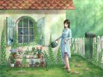  1girl air_tone blue_dress brown_eyes brown_hair butterfly dress fence flower_pot grass highres house mailbox original rooftop sandals scenery skirt_hold smile solo sunlight watering watering_can window 