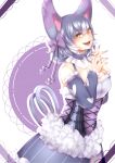  1girl animal_ears bow cat_ears detached_sleeves dress fangs fur_trim hair_bow interlocked_fingers looking_at_viewer nail_polish open_mouth own_hands_together personification pokemon purple_hair purple_nails purugly shikkoku_neko solo yellow_eyes 