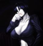  1girl bangs black_hair blue_eyes blue_shirt breasts chiaroscuro cigarette cleavage collarbone curvy dress_shirt hair_over_one_eye hand_on_own_cheek huge_breasts long_sleeves looking_at_viewer mouth_hold no_bra okai one_eye_covered pale_skin parted_lips persona persona_2 serious shirt short_hair smoking solo teeth unbuttoned upper_body yoshizaka_anna 