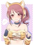  1girl animal_ears bare_shoulders blush fingerless_gloves gloves headphones idolmaster idolmaster_cinderella_girls mifune_miyu mochiya_marosuke nail_polish polka_dot polka_dot_background red_eyes redhead side_ponytail solo spoken_blush sweatdrop tiger_ears tiger_print 