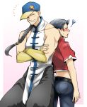  1boy 1girl ^_^ ass back-to-back baseball_cap black_hair blush bracer braid chinese_clothes closed_eyes couple crop_top crossed_arms denim grin hair_over_shoulder hat height_difference hetero houmei_(street_fighter) jeans long_hair muscle pants pelvic_curtain short_hair single_braid sleeveless smile squiggle street_fighter sweatdrop takehana yun_lee 