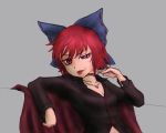  1girl blue_bow bow breasts choker cleavage commentary_request eyelashes hand_up jewelry leaning_back looking_at_viewer miata_(pixiv) navel necklace red_eyes redhead sekibanki short_hair simple_background sitting skull_necklace smirk solo swag tongue tongue_out touhou unbuttoned 