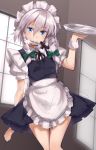  1girl apron black_dress blue_eyes braid cowboy_shot dress highres izayoi_sakuya knife_in_mouth looking_at_viewer maid maid_headdress mouth_hold puffy_short_sleeves puffy_sleeves shirt short_sleeves silver_hair solo thighs touhou tray twin_braids usotsuki_penta waist_apron wrist_cuffs 