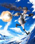  1girl blue_hair cannon chimney hat kantai_collection ocean ooshio_(kantai_collection) open_mouth pleated_skirt school_uniform shirt short_hair short_twintails skirt solo suspender_skirt suspenders takada_(takada-k) torpedo turret twintails water white_shirt 