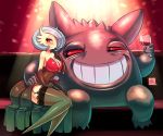  1boy 1girl alcohol alternate_color breasts cleavage couch cup drinking_glass gardevoir garter_straps gengar kenron_toqueen large_breasts looking_at_viewer mega_gardevoir mega_pokemon nightclub pokemon pokemon_(creature) pokemon_(game) red_eyes shiny_pokemon thigh-highs wine wine_glass 