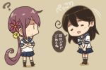  ? akebono_(kantai_collection) april_fools bangs bell black_hair bowing closed_eyes commentary_request crossed_arms flower hair_bell hair_between_eyes hair_flower hair_ornament hands_together kantai_collection long_hair otoufu purple_hair school_uniform serafuku side_ponytail translated ushio_(kantai_collection) very_long_hair 