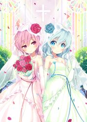  2girls blue_eyes blush bouquet bridal_veil dress elbow_gloves flower glint gloves green_dress green_hair hair_flower hair_ornament holding_hands jewelry komeiji_koishi komeiji_satori minamura_haruki multiple_girls necklace pearl_necklace petals pink_dress pink_eyes pink_hair small_breasts smile stained_glass touhou veil wedding_dress 