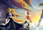  1girl ahoge armor arsh_(thestarwish) artoria_pendragon_(all) blonde_hair clouds excalibur fate/stay_night fate_(series) highres juliet_sleeves long_sleeves outstretched_arm puffy_sleeves saber solo sunrise sword weapon 