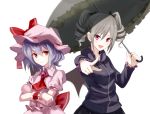  2girls bat_wings blue_hair crossover drill_hair fami_(yellow_skies) highres idolmaster idolmaster_cinderella_girls kanzaki_ranko long_hair multiple_girls open_mouth parasol red_eyes remilia_scarlet short_hair silver_hair touhou twin_drills twintails umbrella wings 