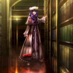  1girl blue_ribbon book bow capelet crescent dress full_body hair_bow hair_ribbon hat keto_chuusa library lips long_hair mob_cap patchouli_knowledge purple_hair red_ribbon ribbon shoes solo striped striped_dress touhou tress_ribbon violet_eyes voile wall_lamp 
