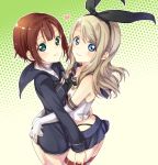  2girls aqua_eyes arched_back ass ayase_arisa bare_shoulders black_panties blonde_hair blue_eyes blue_skirt blush breasts closed_mouth cosplay cowboy_shot dress elbow_gloves from_above from_side gloves green_background hairband heart highleg highleg_panties hug kantai_collection kousaka_yukiho long_hair long_sleeves looking_at_viewer looking_to_the_side looking_up love_live!_school_idol_project miniskirt multiple_girls mutual_hug nell_nir panties pleated_skirt sailor_collar sailor_dress sakura_ayane seiyuu_connection shimakaze_(kantai_collection) shimakaze_(kantai_collection)_(cosplay) short_hair simple_background skirt small_breasts smile striped striped_legwear thigh-highs underwear white_gloves z3_max_schultz_(kantai_collection) z3_max_schultz_(kantai_collection)_(cosplay) zettai_ryouiki 