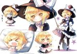  1girl :o apron arms_up bangs black_hat black_legwear black_skirt black_vest bow braid chibi contrapposto covered_mouth covering_mouth cravat eyebrows eyebrows_visible_through_hair frilled_apron frilled_skirt frills hair_bow hair_down hand_on_hip hand_over_own_mouth hat hat_bow holding_broom juliet_sleeves kirisame_marisa kneehighs long_sleeves looking_at_viewer lying multiple_views no_hat on_back pantyhose pillow piyokichi puffy_sleeves purple_bow scarf short_hair sick side_braid single_braid sketch skirt sparkle standing star striped striped_scarf sweatdrop swept_bangs touhou turn_pale white_apron white_background white_bow witch_hat yellow_eyes 