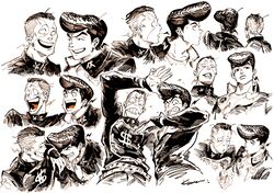  2boys arm_on_shoulder artist_name black_hair expressions gakuran higashikata_jousuke jojo_no_kimyou_na_bouken kotteri laughing multiple_boys nijimura_okuyasu pompadour school_uniform 