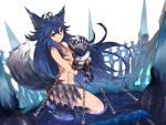  1girl animal_ears antenna_hair blue_hair blurry bound bound_wrists chain closed_mouth depth_of_field dutch_angle fang fenrir_(shingeki_no_bahamut) from_side frown full_body granblue_fantasy hair_between_eyes highres jewelry kneeling liquid lock long_hair looking_at_viewer navel necklace padlock paws red_eyes restrained shingeki_no_bahamut solo spikes tail touzai_(poppin_phl95) very_long_hair wolf_ears wolf_tail 