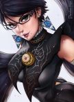  1girl amulet ass bayonetta bayonetta_(character) bayonetta_2 black_hair blue_eyes breasts capelet close-up dandon_fuga earrings glasses jewelry lips lipstick looking_at_viewer makeup mole mole_under_mouth nose portrait short_hair solo upper_body 