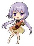  1girl barefoot brown_dress chain chibi dress instrument legs long_sleeves looking_at_viewer lute_(instrument) ookashippo open_mouth outline purple_hair shiny shiny_hair shirt short_hair simple_background smile solo split_ponytail touhou tsukumo_benben violet_eyes white_background white_shirt 