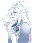  1boy androgynous fangs flower fox_shadow_puppet kogitsunemaru long_hair male_focus nipples open_mouth smile solo touken_ranbu white_hair zuwai_kani 