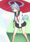  1girl animal_ears blue_eyes blue_hair commentary_request covering covering_crotch fox_ears fox_tail holding holding_umbrella karakura kitsune looking_at_viewer neckerchief oriental_umbrella original pleated_skirt school_uniform serafuku short_hair sitting skirt smile solo tail umbrella 