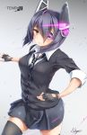  1girl black_legwear breasts character_name checkered checkered_necktie eyepatch fingerless_gloves gloves headgear kantai_collection natsunoyuu necktie open_mouth partly_fingerless_gloves purple_hair school_uniform short_hair solo tenryuu_(kantai_collection) thigh-highs yellow_eyes 