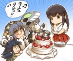  4girls =_= =d akagi_(kantai_collection) black_hair blush cake cannon commentary food fruit grey_hair hair_ribbon haruna_(kantai_collection) hat headgear hisahiko japanese_clothes kantai_collection katsuragi_(kantai_collection) miko multiple_girls orange_eyes plate ribbon shinkaisei-kan sparkle star star-shaped_pupils strawberry symbol-shaped_pupils tentacles translated wide_sleeves wo-class_aircraft_carrier younger |_| 