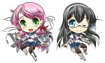  2girls aircraft_catapult akaguro-san akashi_(kantai_collection) armor bandana black_hair blue_eyes blue_skirt cannon chibi commentary_request crane glasses green_eyes hair_ribbon hairband highres hip_vent kantai_collection long_hair long_sleeves multiple_girls one_eye_closed ooyodo_(kantai_collection) open_mouth pink_hair pleated_skirt radio_antenna ribbon school_uniform semi-rimless_glasses serafuku skirt smile thigh-highs tress_ribbon turret twintails under-rim_glasses 